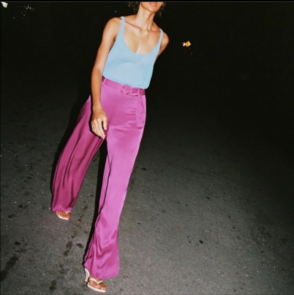 ZARA Blogger Favorite Satin Effect Wide Leg High Waisted Purple Pants